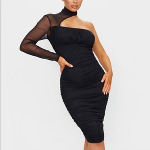 Black Mesh One Shoulder Midi Dress